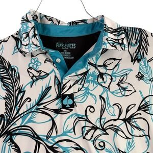 Pins & Aces Golf Co Men XXXL White Teal Floral Performance  Polo Shirt